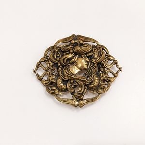 Antique Art Nouveau Lady with Flowers Buckle Sash Plaque Ornate